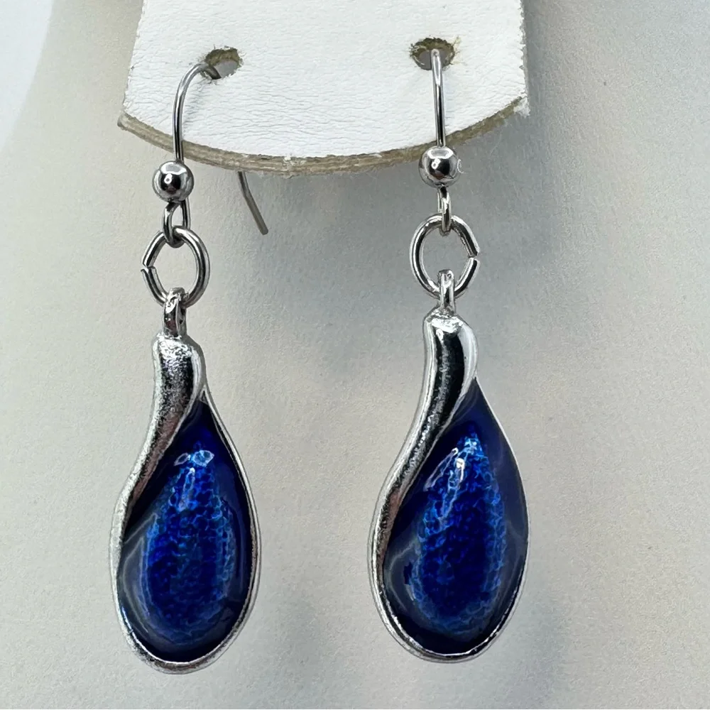 Chico’s Silver Tone Blue Enamel Teardrop Dangle Earrings NWT Boho Chic